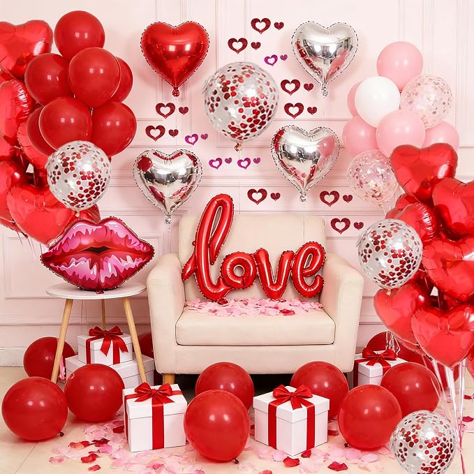 Wedding Anniversary & Valentine’s Day Heart Balloon Set- 200+Pcsred balloons heart balloons, Rose Petals, Metallic Love Letters, Hearts for Anniversary, Wedding, Proposal, Party Decor