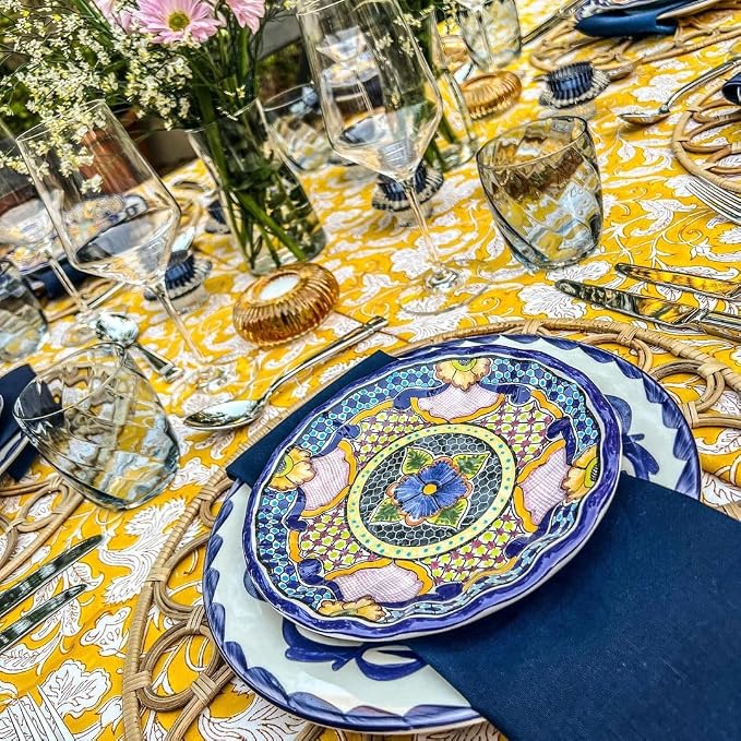 Ridhi Saffron Yellow Hand Block Print Cotton Rectangle Tablecloth 190" x 72" inches Reusable Table Cover Decorative Everyday Use for Dining Room, Farmhouse, Home Gift for Spring, Mother's Day
