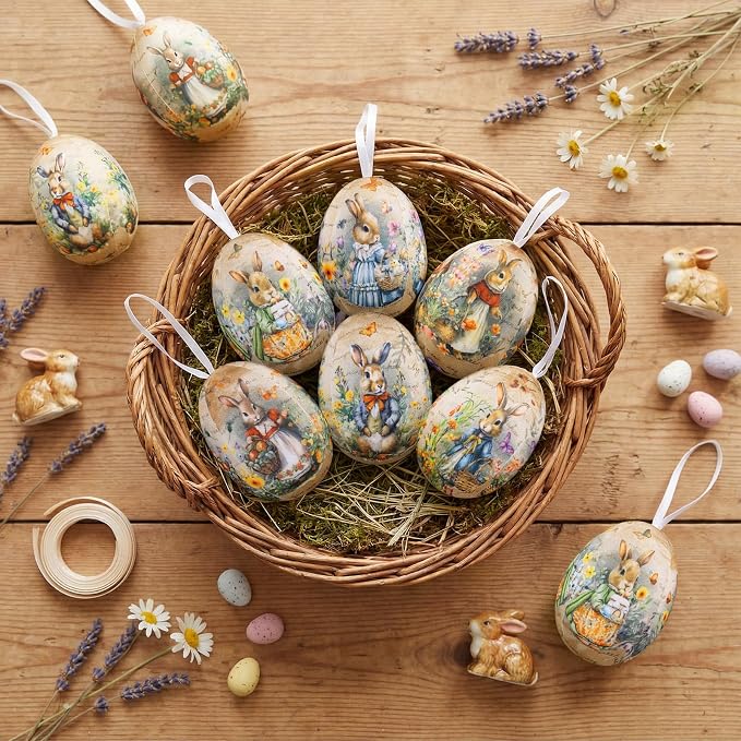 Outus 18 Pcs Easter Egg Ornaments Vintage Easter Egg Hanging Ornament Colorful Decorative Rabbit Hanging Ornaments for Tree Spring Farmhouse Home Fireplace Decoration Holiday Party Favors