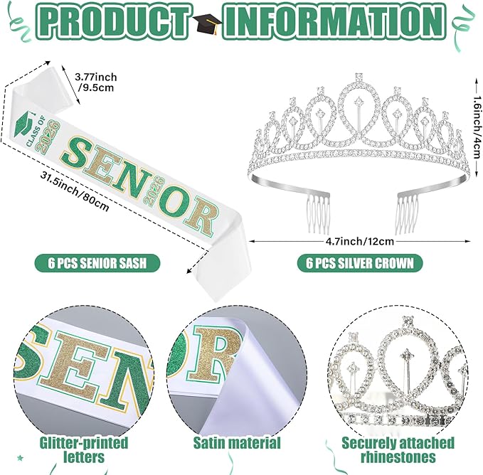 Janinka 6 Pcs Senior Sash 2026 Graduation Satin Sash with Glitter Letter Silver Crown Tiaras Cheer 2026 Gifts for Graduation Party Cheerleader Prom Photos Celebration(Green)