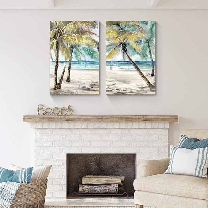 SunFlax Coastal Beach Canvas Wall Art: Palm Trees Picture Tropical Ocean Scene Artwork Abstract Seascape Painting Prints for Modern Living Room Bathroom Bedroom