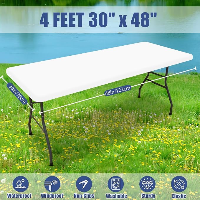 Moosfor Spandex 4 Foot Rectangle Table Cloth 4 Pack, Elastic Fitted Tablecloths for Picnic, Stretch Washable Patio Table Cover for Outdoor, Camping, Banquet and Parties (White, 30"x48")