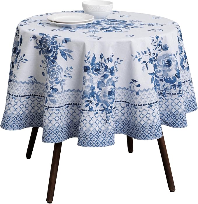 Maison d' Hermine Table Cloth Round Table 100% Cotton 63 Round Inches Tablecloth Reusable Decorative for Dining Kitchen Room Farmhouse Party Home Hotel Restaurant Spring Summer - Rose Garden - Blue