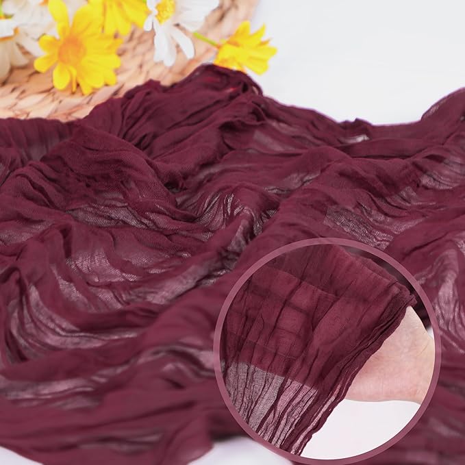 Snowkingdom Burgundy Red Easter Spring Table Runner, 10 Ft Cheesecloth Gauze Rustic Boho Cheese Cloth Runner for Wedding Birthday Bridal Baby Shower Christmas Holiday Long Sheer Home Decorations