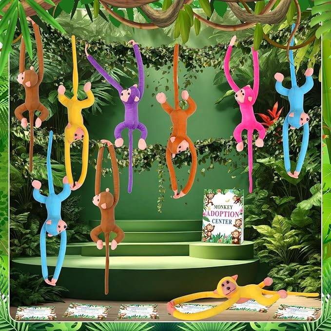 25 Pcs Adopt a Hanging Monkey Plush Party Supplies Jungle Animal Include 12 Plush Safari Animal 12 Adopt Cards 1 Adopt Sign for Adopt A Pet Party (Monkey, 12 Set)