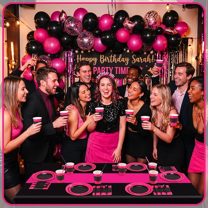 Funnymoom 452 Pcs Hot Pink and Black Party Supplies Serves 50 Guest, Pink and Black Paper Plates Cups Napkins Tablecloth Cutlery Straw Tableware Set for Birthday Wedding Bachelorette Party Decoration