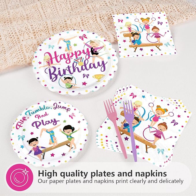 96Pcs Gymnastics Birthday Party Decoration Sports Theme Gymnasts Plates and Napkins Flip Jump Tumble and Play Tableware Set for Girls Gymnastic Birthday Baby Shower Party Supplies Serves 24