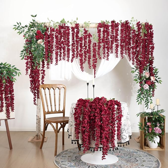 mizii 6Pcs Burgundy Wisteria Hanging Flowers 48" Silk Wisteria Artificial Flowers Garland Vines Fake Hanging Flower Decoration for Wedding Wall Backdrop Centerpieces Party Room Decor (Burgundy Red)