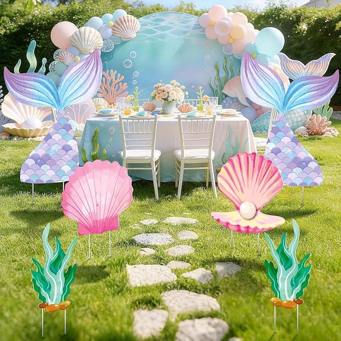 6 Pcs Mermaid Backdrop Under The Sea Birthday Party Decorations Large Mermaid Tail Seaweed Seashell Cardboard Cutouts Ocean Theme Booth Photo Props for Baby Shower Indoor Outdoor Decor
