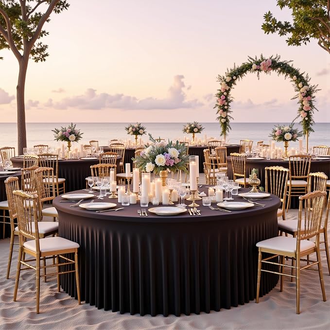 6 Pack Black Round Tablecloth 60 Inch, Washable Table Cloth Elastic Edge with Skirt Circular Table Cover for Wedding Banquet Party, Birthday, Buffet Restaurant and Dining