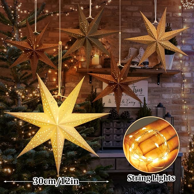 Paper Lantern Christmas 5Pcs Hanging Stars 7 Pointed 12 Inch White Gray Brown Hanging Stars Lanterns Christma Lamp Decorations Wedding Birthday Christmas Home Party
