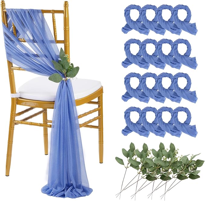 QueenDream Dusty Blue Chair Sashes Decorations: 16 Packs Wedding Aisle Draping Fabric Wedding AisleSheer Church Chair Cover Bulk for Baby Shower Party Banquet