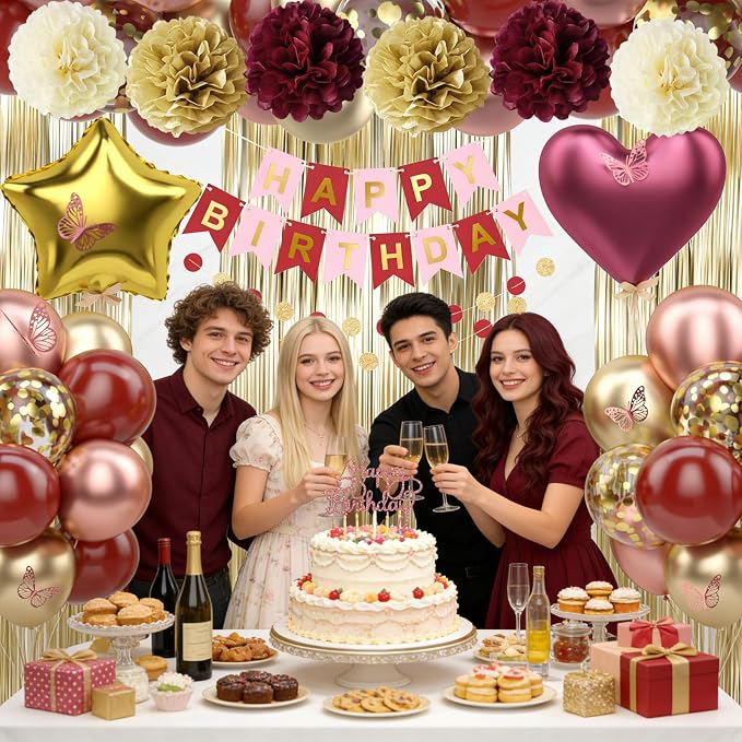 Burgundy Rose Gold Birthday Party Decorations 12INCH Wine Red Maroon Gold Balloons Happy Birthday Banner Cake Topper Fringe Curtain Paper Pom Poms Butterfly Sticker 18INCH Heart Star Foil Girls Women