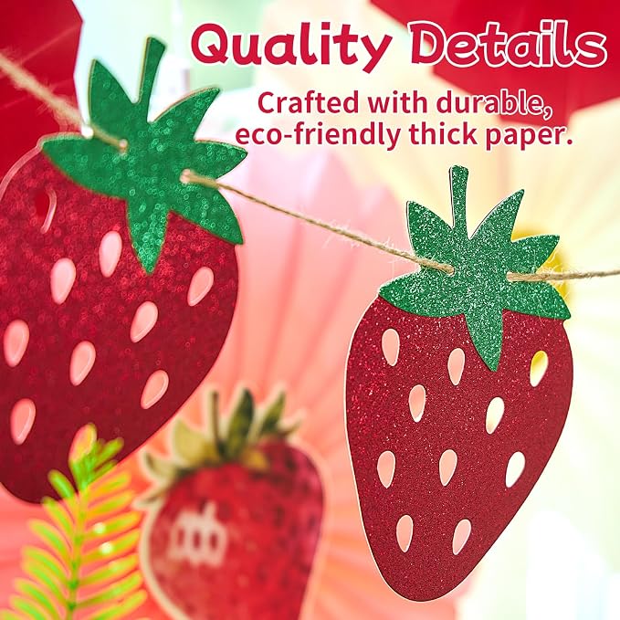 OBBOLO Strawberry Party Decorations, Strawberry and White Flower Paper Fans, with Strawberry Banner, for Berry First Birthday, Sweet 1st Birthday, Baby Shower, Strawberry Themed Birthday Hanging Decor