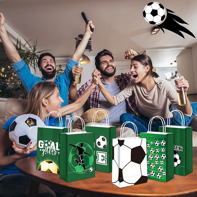 Outus 24 Pcs Soccer Party Favor Bags Sports Ball Goodie Gift Paper Bags with Handles Sports Ball Candy Treat Pouch for Sport Football Party Birthday 2026 World Soccer Decorations Supplies