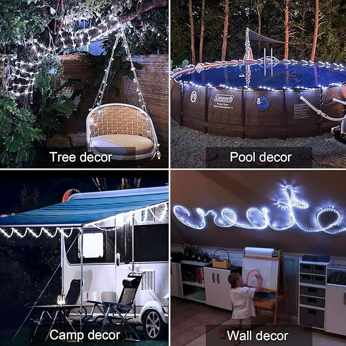 JMEXSUSS 200 LED Solar Rope Lights for Pool, 72ft 8 Modes Solar Rope Lights Outdoor Waterproof LED Solar Powered Rope Tube Fairy Lights for Fence,Gazebo,Yard,Walkway,Path,Garden Decor(White) | Solar Pool Lights Outdoor Waterproof, Solar Powered Christm...