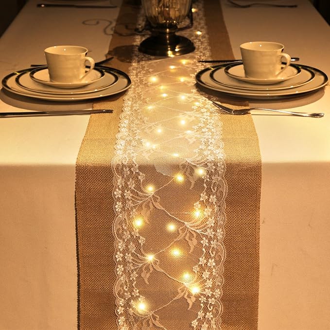 Xinnun 6 Pack Burlap Table Runner with Warm LED Lights,Rustic Lace Wedding Table Decor,Boho Farmhouse Jute Runner for Reception Bridal Shower Party(Fashion,12x70 Inches)