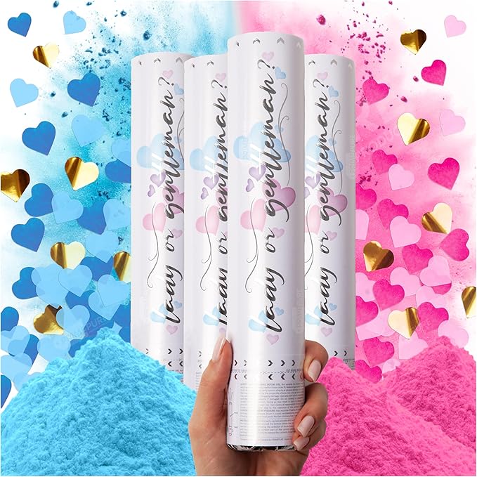 PrimePure Gender Reveal Confetti Cannon - Biodegradable Powder & Heart Shaped Confetti Poppers - 2 Pink & 2 Blue, 4 Pack - Baby Boy or Baby Girl Gender Reveal Smoke Bomb - Powder Cannon Party Poppers