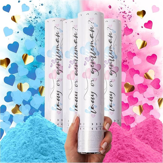 PrimePure Gender Reveal Confetti Cannon - Biodegradable Powder & Heart Shaped Confetti Poppers - 2 Pink & 2 Blue, 4 Pack - Baby Boy or Baby Girl Gender Reveal Smoke Bomb - Powder Cannon Party Poppers