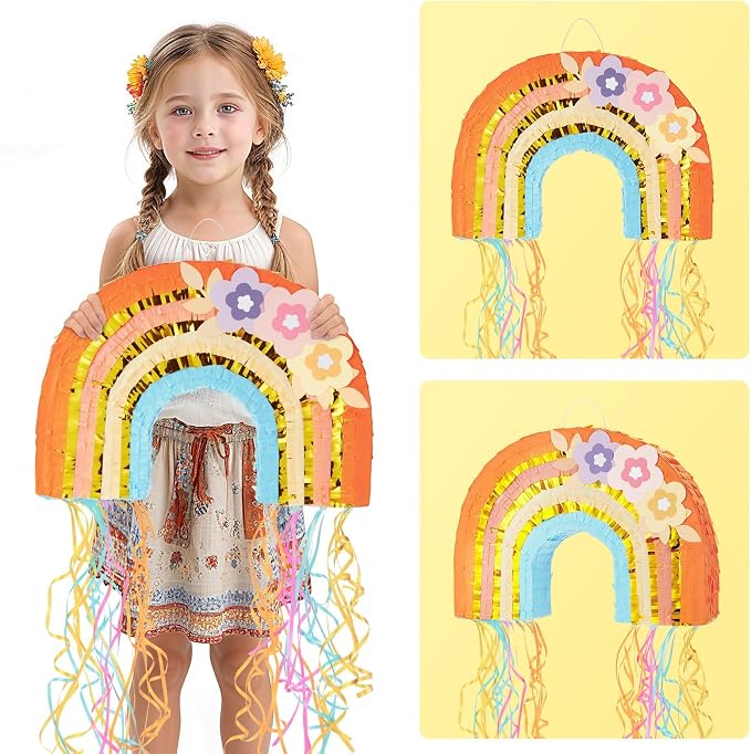 WERNNSAI Rainbow Piñata - Rainbow Pull String Piñata with Bundle with Blindfold and Bat for Girls Kids Boho Theme Birthday Party Decoration Game for Baby Shower Carnival Summer Party Supplies