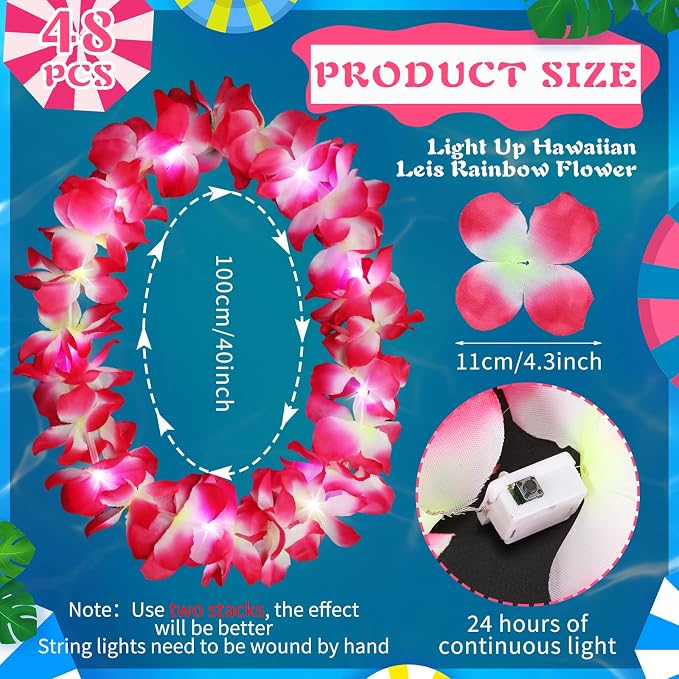 Sherr 48 Pcs LED Hawaiian Leis Light up Flower Leis Necklace with LED Lights Luau Flowers Necklaces for Masquerade Beach Wedding Tropical Themed Party Supplies(Pink)