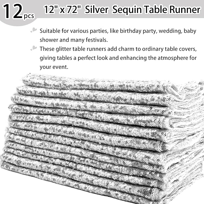 12 Packs 12 X 72 Inch Silver Sequin Table Runner Glitter Dining Table Runner for Birthday Wedding Engagement Bridal Baby Shower Bachelorette Holiday Celebration Party Supplies Decorations (Silver)