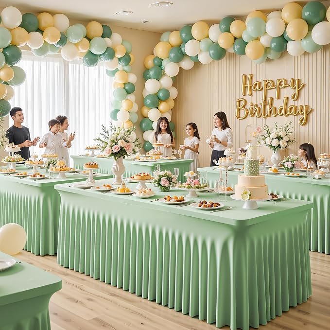 2 Pack Sage Green Table Cloth for 8 Foot Rectangle Tables Spandex Fitted Tablecloth 8ft Stretch Table Covers Skirt Green Banquet Tablecloths Wrinkle Free Tablecloth for Party Wedding Birthday Event