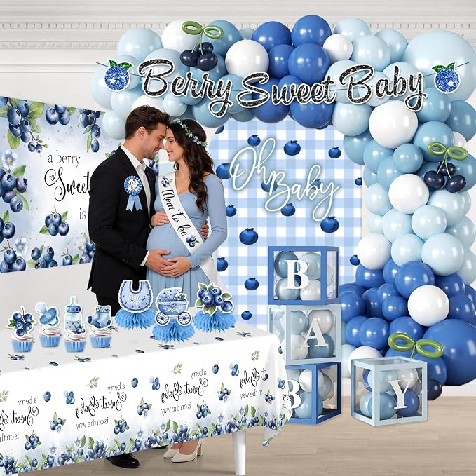 Blueberry Baby Shower Decorations, Worry-Free One-Stop Set Serves 25 Guests, with Blueberry Balloons Arch Kit, Backdrop, and Cake Toppers, Easy Setup for Berry Sweet Baby Shower Decorations