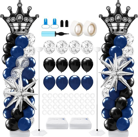 2 Sets Blue and Black Birthday Decorations Balloon Column Stand Kit with Crown, Navy Blue, Black and Silver Balloons Arch Kit for Prom Men Birthday Retirement Baby Shower Wedding Party