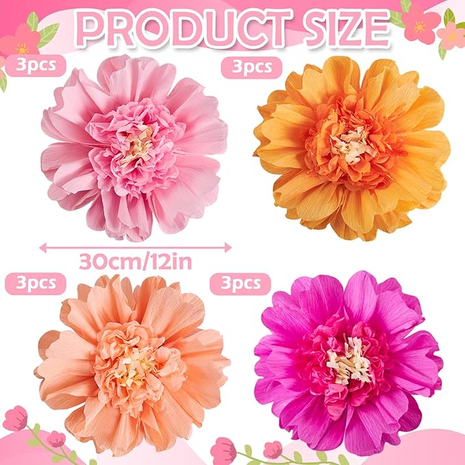 SUNBEAUTY 12PCS Large Paper Flowers 12 Inch Pink Orange Tissue Paper Flowers Pink Orange Giant Crepe Paper Flowers for Girl Women Birthday Wedding Flower Backdrop Wall Spring Garden Party Supplies