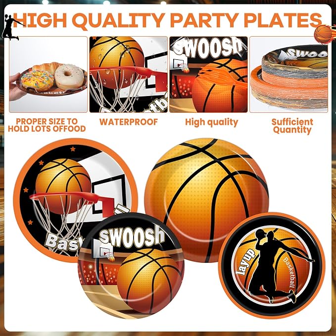 250 Pcs Basketball Birthday Party Decors Basketballs Disposable Party Tableware Sets Including Plates Cups Napkins Basketball Sports Theme Dinnerware for Sports Birthday Parties Supplies Serves 50