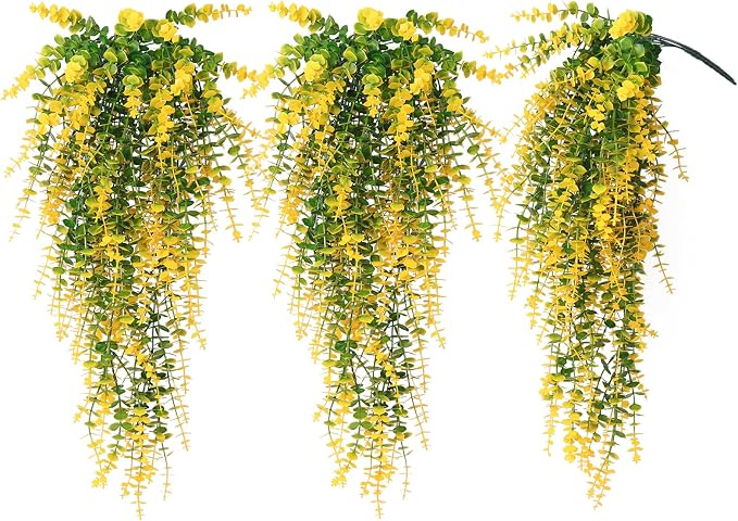 RECUTMS Artificial Plants Hanging Outdoor Fake Plants Hanging Vines Faux Eucalyptus Leaves Greenery Vines Fake Vines Plants for Room Wall Decor Garden Outdoor Wedding Courtyard Decoration(Yellow)