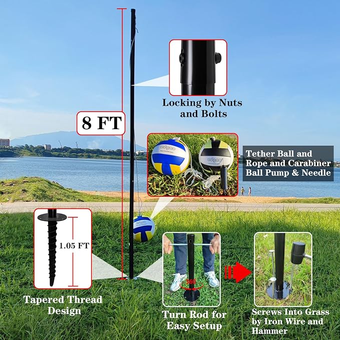 GOOSO Portable Tetherball Set with 2 Tetherball Balls, Rope and Pole, Heavy Duty Tetherball Equipment for Family Fun, Outdoor Game for Backyard, Lawn, Sand and Beach