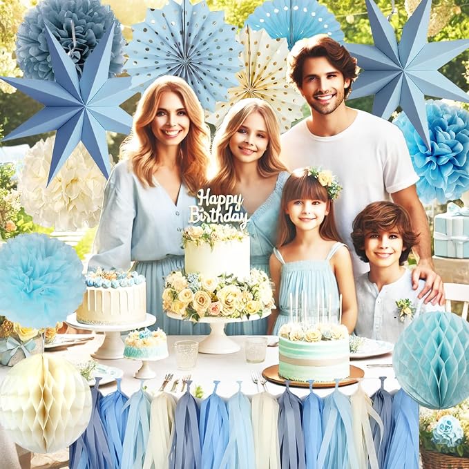 Blue Party Decorations,15PCS Dusty Blue Beige Birthday Decorations for Women Men Girl Boy,Hanging Backdrop Decor for Engagement,Boho Wedding,Baby Shower,Bridal Shower,Garden Party