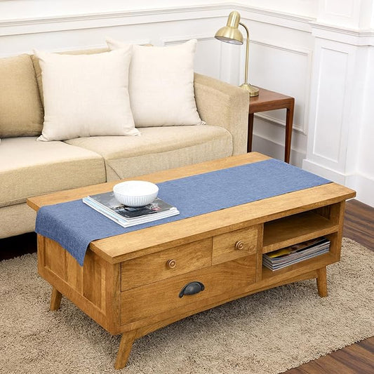 Solino Home Linen Table Runner 48 Inches - 100% Pure Linen Blue Denim Table Runner 14 x 48 Inch Ideal for Dresser and Coffee Tables - Athena, Spring, Summer