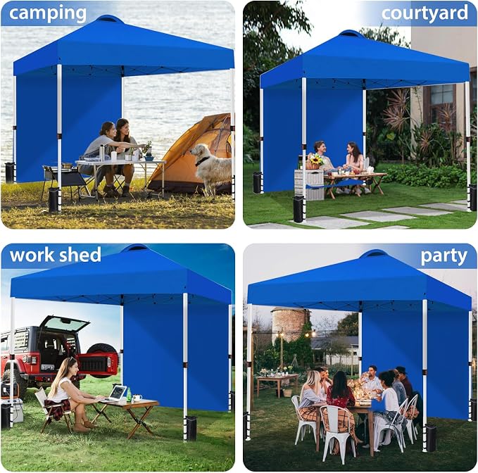 Durable 10 x 10 Pop-up Canopy Tent with 1 Sidewall, Portable Instant Camping Beach Canopy Tents, Blue