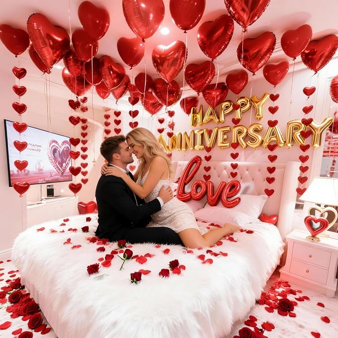 Anniversary Decorations Kit - 1000 Artificial Rose Petals & Red Heart Foil Balloons Set with Love Banner - Romantic Room Decor for Wedding Night, Proposal & Couples Special Events