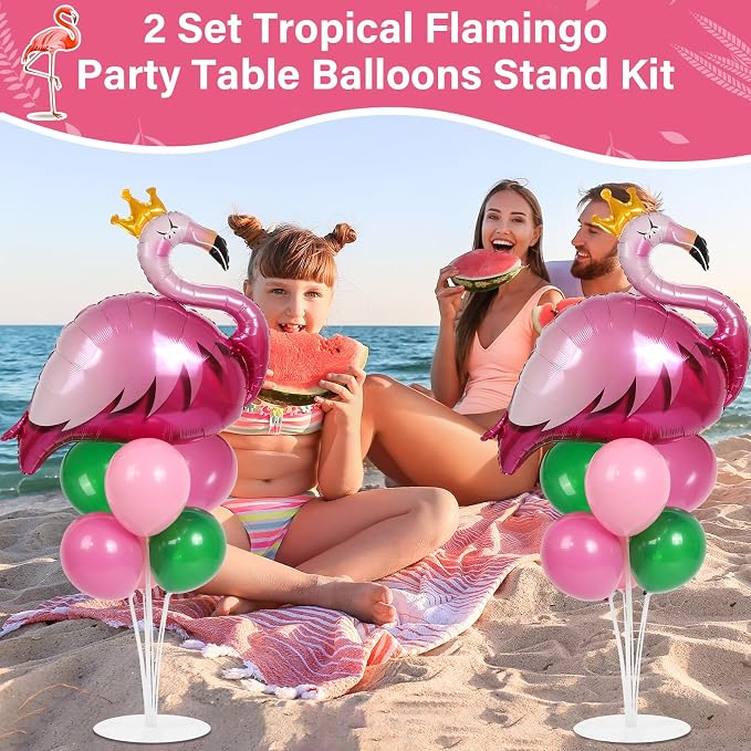 2 Sets Summer Tropical Flamingo Balloon Column Stand Kit with 102 Pink Green Flamingo Foil Balloons 5.57ft Balloon Tower Stand with Base Arch Column for Birthday Wedding Hawaiian Luau Party Decortions