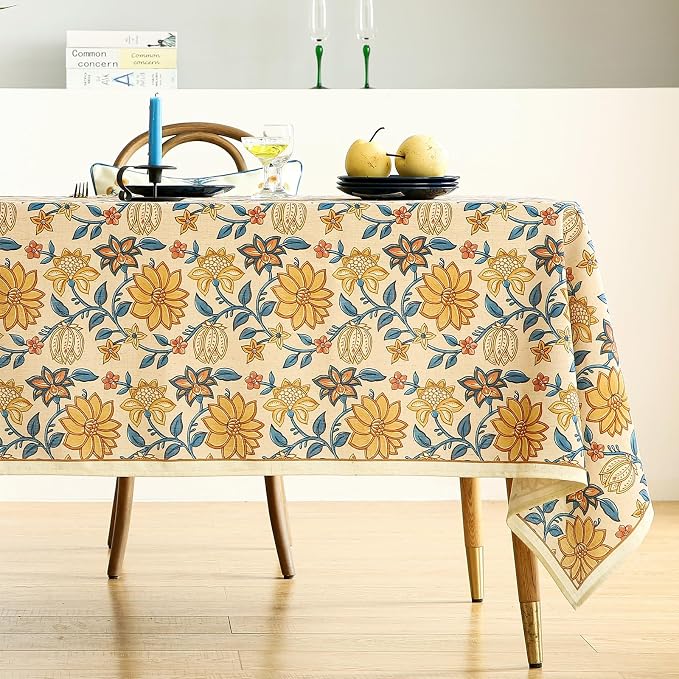 ISAENNE Designer Vintage Linen Rectangular Tablecloth,71"x55"-Estevan B | French Elegant Printed Table Cloth for Rectangle Table,Orange Floral Pattern,Dining Room,Kitchen,Tea Party,Thanksgiving