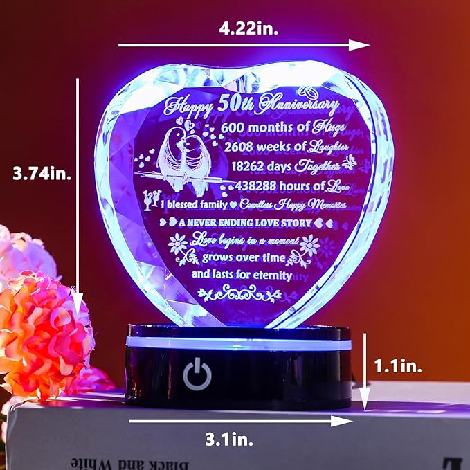 YWHL 50th Wedding Anniversary Crystal Heart Gifts for Parents Couple, Laser Engraved Romantic 50 Year Anniversary Crystal Keepsake Gifts for Wife Husband, 50 Years of Marriage Gift for Her Him