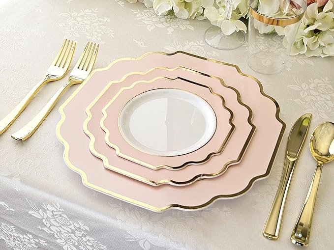 OCCASIONS Pink Plastic Plates - 50 Plates Pack (25 Guests) Heavyweight Disposable Dinner & Dessert Plate Set for Wedding, Party, Baby Shower (25x10.5" + 25x8") Imperial in Blush Pink & Gold