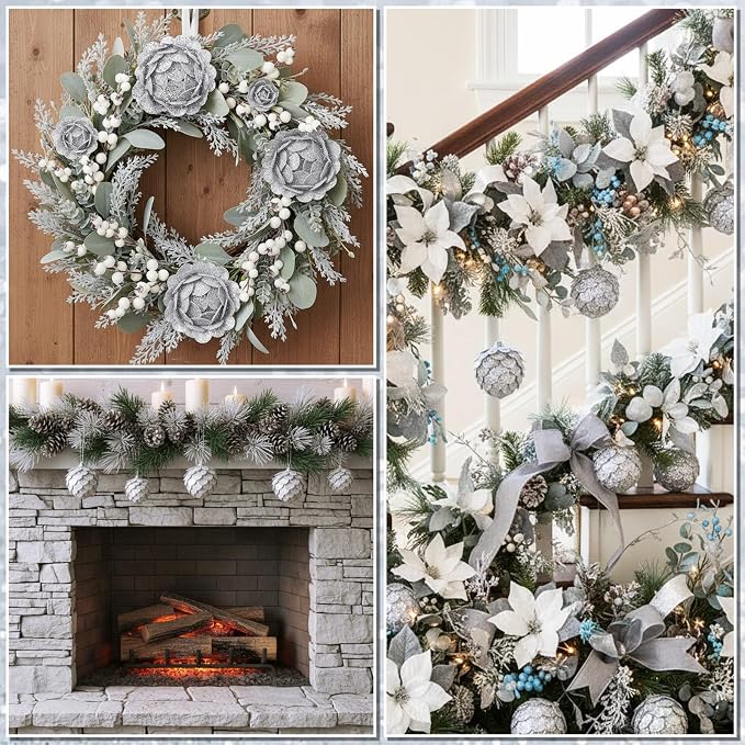 Sratte 8 Pcs Valentine Ball Ornaments Artificial Pinecone Hanging Ornaments Glitter Winter Faux Flower for Xmas Decor, 3.15/2.36 Inch(Silver)