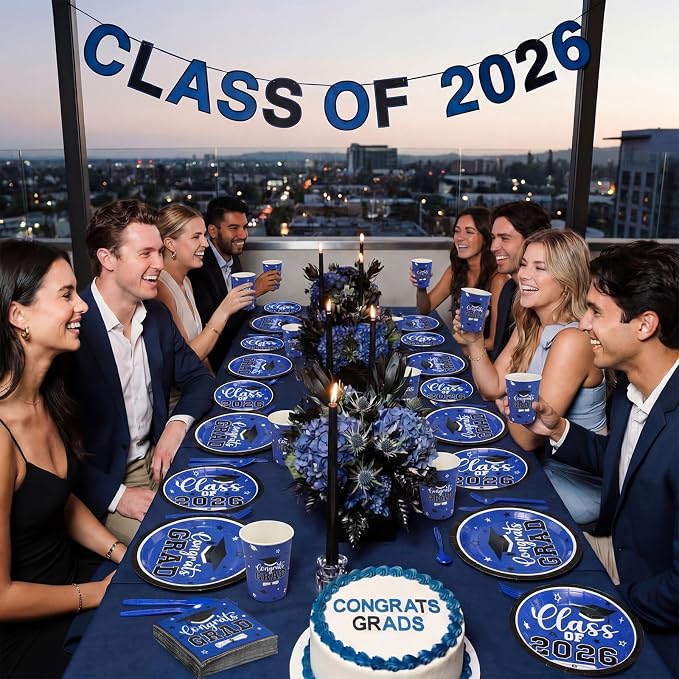 Funnymoom 400 Pcs Graduation Party Supplies Class of 2026 Graduation Paper Plate Napkin Cup Cutlery Congrats Grad Disposable Tableware Set for Grad Party Decorations, Serve 50 (Blue, White)
