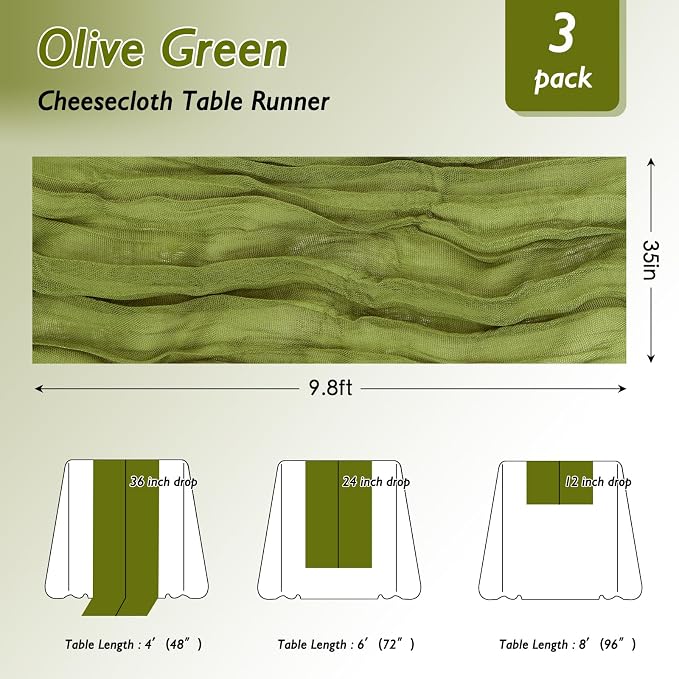 3 Pack Olive Green Cheesecloth Table Runner 120 Inch 10FT Cheese Cloth Runners for Spring Holiday, Baby Shower, Jungle Theme Party