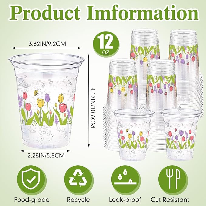 Hushee Tulips 60 Pcs Party Cups 16 oz Plastic Disposable Drinking Cups for Birthday Love Baby in Bloom Baby Shower Summer Fresh off The Market Bridal Shower Decorations Supplies
