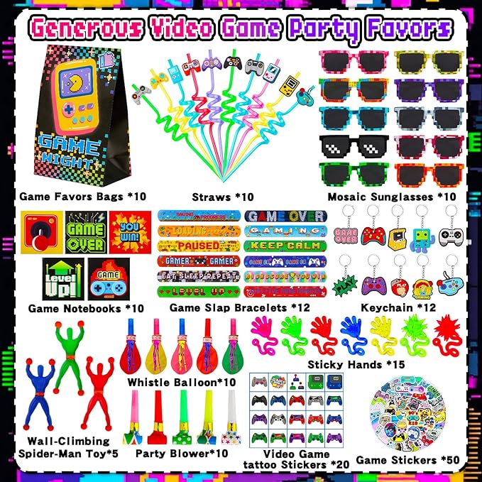 170 Pcs Video Game Party Favors Kit With Gaming Goodie Bags Sunglasses Crazy Straws Stickers for Kids Birthday Prizes, All-in-One Video Game Theme Party Supplies for Boys & Teens