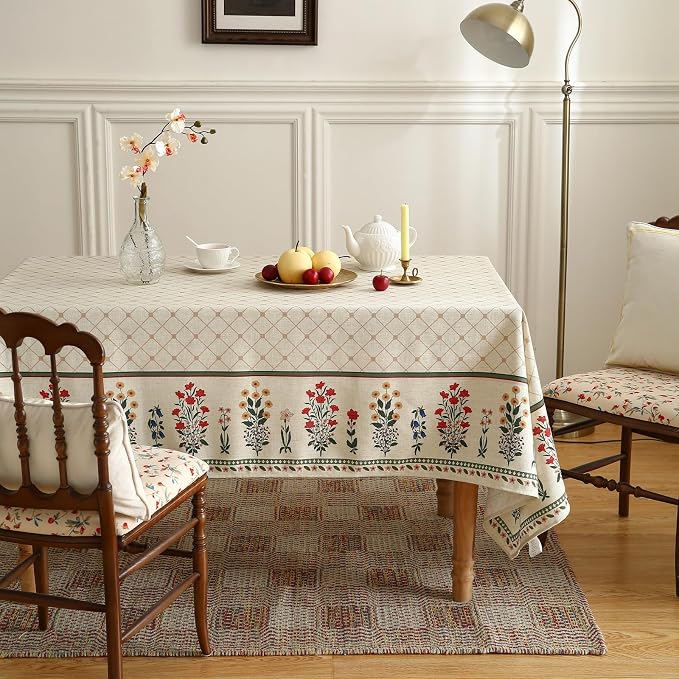 ISAENNE Designer French Linen Rectangular Tablecloth,102"x63"-Bertina E | Elegant French Table Cloth for Rectangle Table,Colorful Floral Pattern,Dining Room,Tea Party,Kitchen,Thanksgiving,Decor