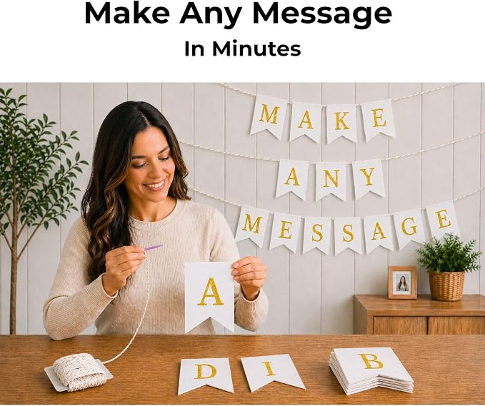 Pre-Printed Banner Kit – 97 White CANVAS Flags with GOLD Letters, Numbers & Symbols, Reusable DIY Custom Banner, Make Your Own Personalized Party Banner, Faux Burlap, Includes Twine & 2 Needles