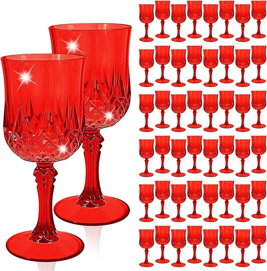 48 Pcs Red Plastic Wine Glasses, Plastic Goblets for Parties, Vintage Wine Glasses Bulk, Reusable Drinking Glass, Drinkware Cups for Wedding Party Reception Event Supplies