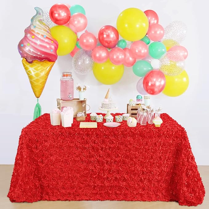 B-COOL Red Tablecloth 90x132 Inch Satin Rose Floral Table Overlays for Rectangle Tables Wedding Baby Shower Events Party Decoration